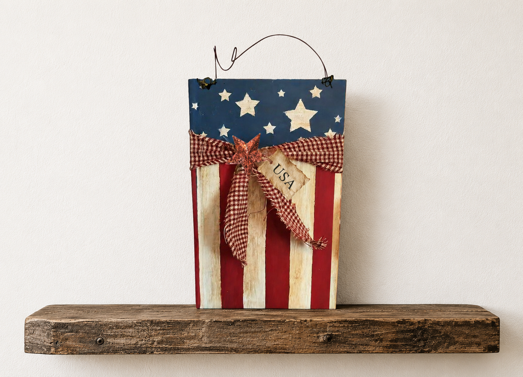 Rustic Patriotic Flag Painted Wood Shelf Sitter