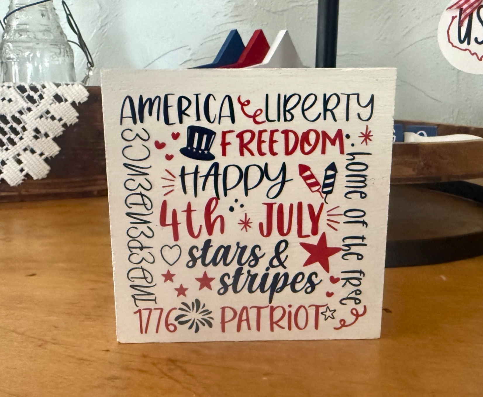 Patriotic Word Art Wood Shelf Sitter